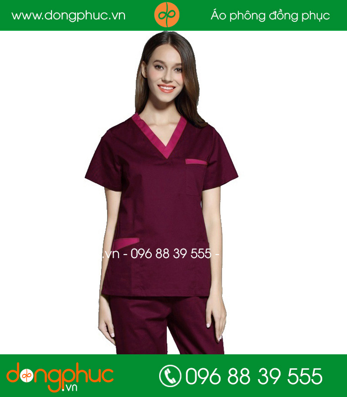 đồng phục phòng mổ màu đỏ đô viền hồng